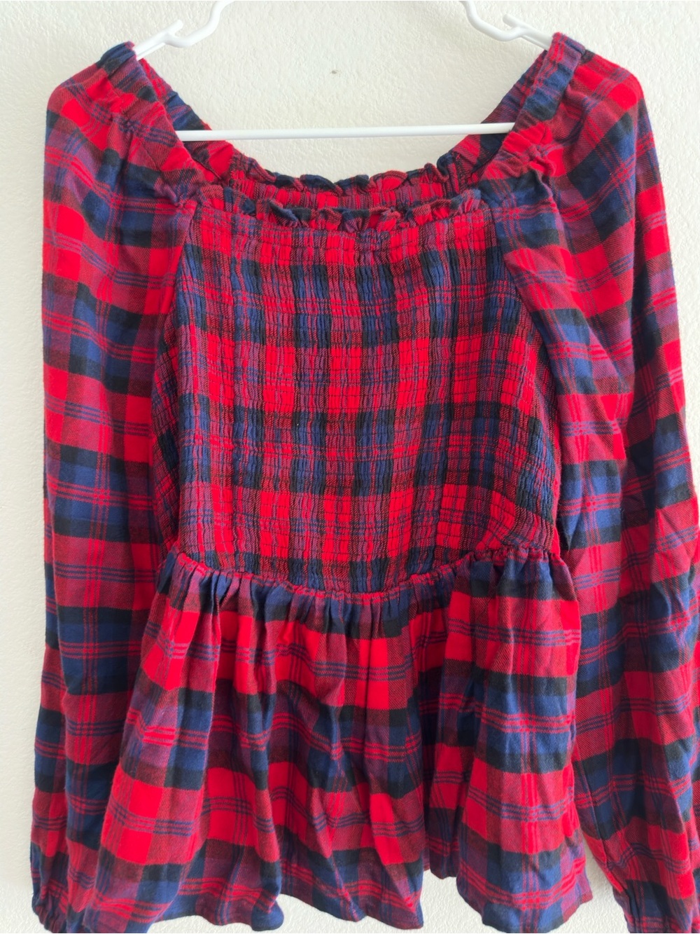 torrid Red and Navy Plaid Smocked Peasant Top